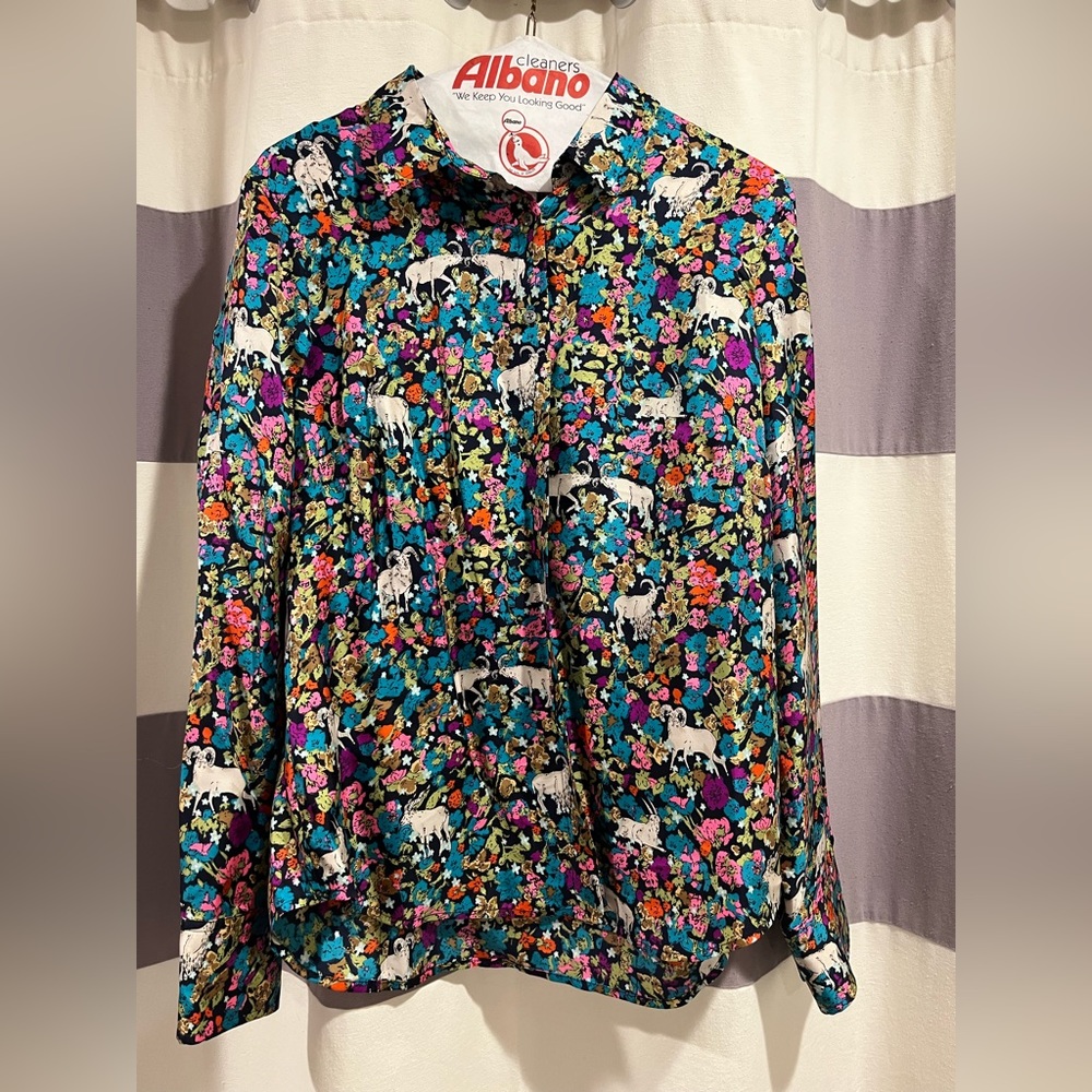 JCREW 100% silk shirt. Size 12. Never worn. Who doesn’t love funky goats!